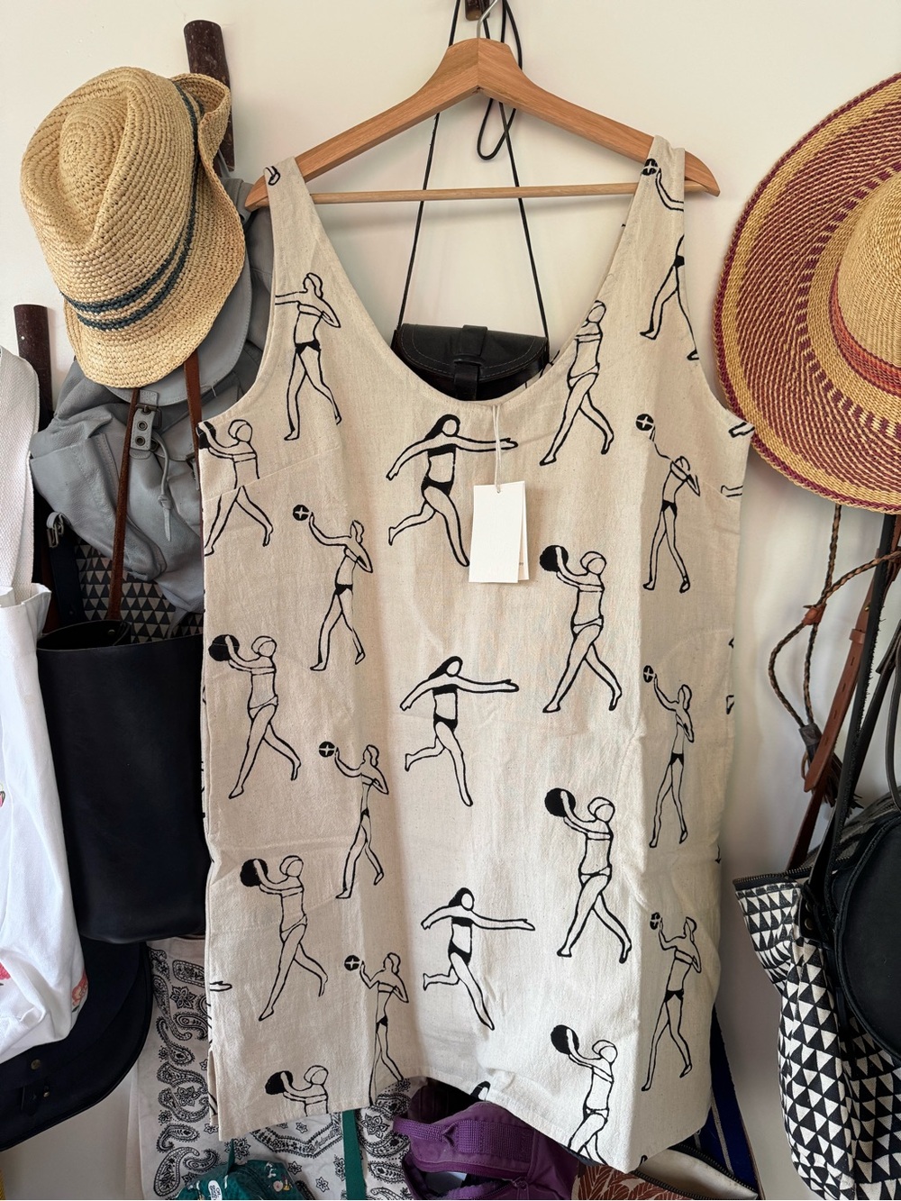 Beige Mini Dress with Black Figure Print - Size L (ptp 21)